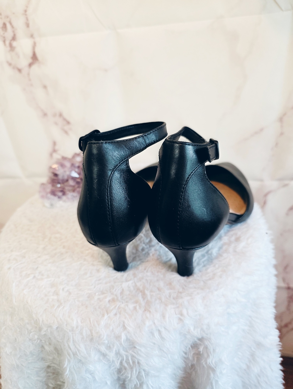 Clarks Collection Black Ankle Strap Heels Size 6.5 Comfort Kitten Heel 1" Work - Picture 7 of 9